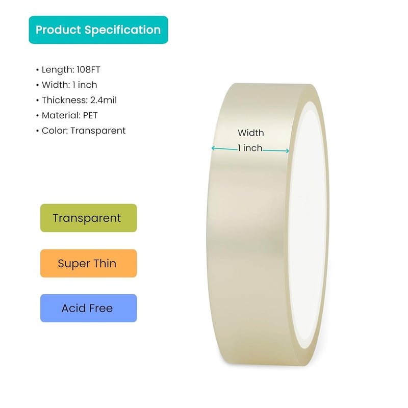 SICCOMA Clear Book Repair Tape for Torn Pages 1 Inch x 108 Feet Archival Safe Thin Clear Bookbinding Tape for Books, Scrapbooking and Documents, Transparent, Thin Thickness, No Residue - Image 2